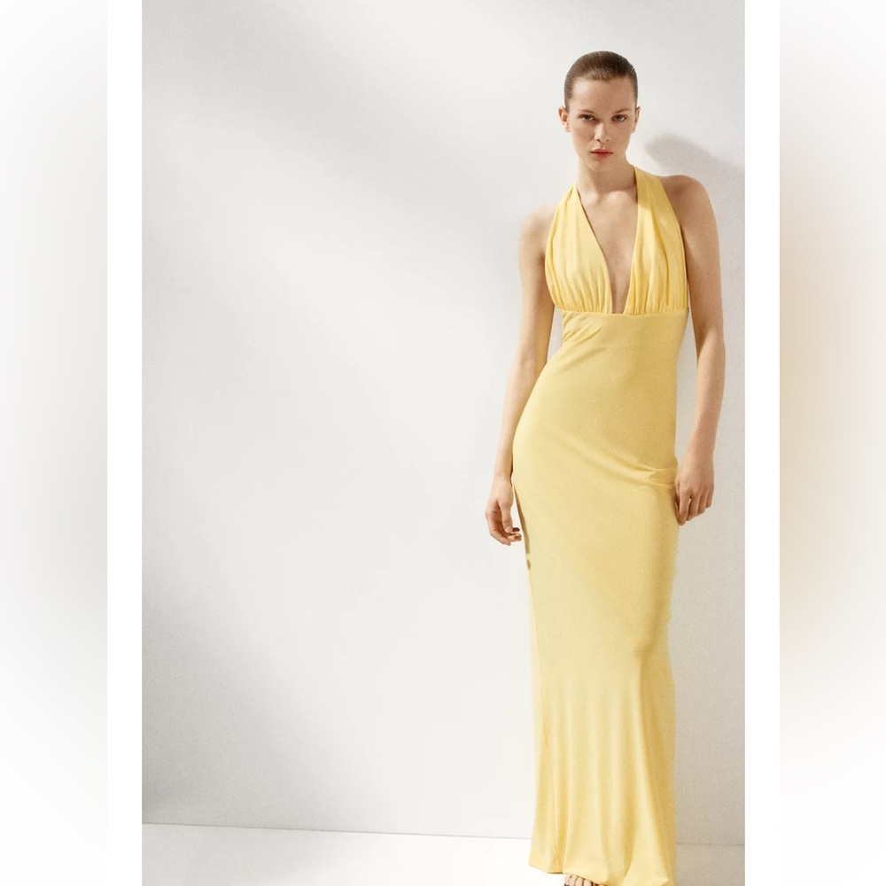 Zara NWT Butter Yellow Halter Maxi Dress Open Back Tie Neck Occasion 3152/224